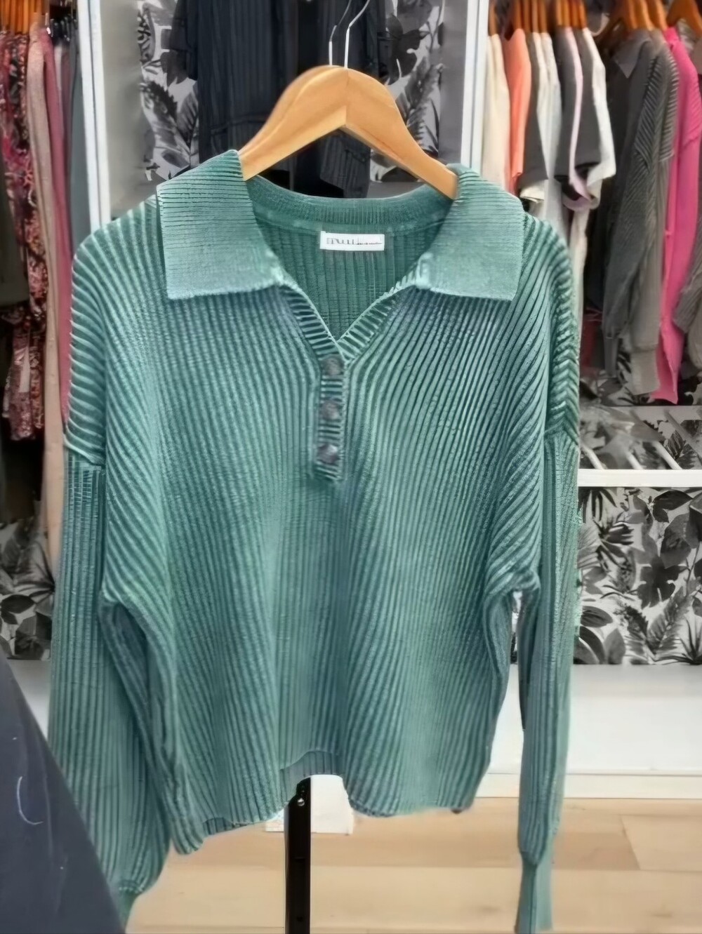 Zenana Textured Rib-Knit Polo Sweater in Green